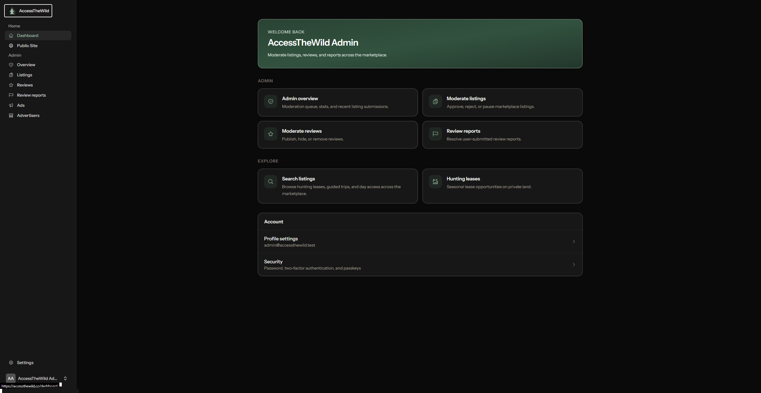 AccessTheWild admin dashboard for listing and review moderation.