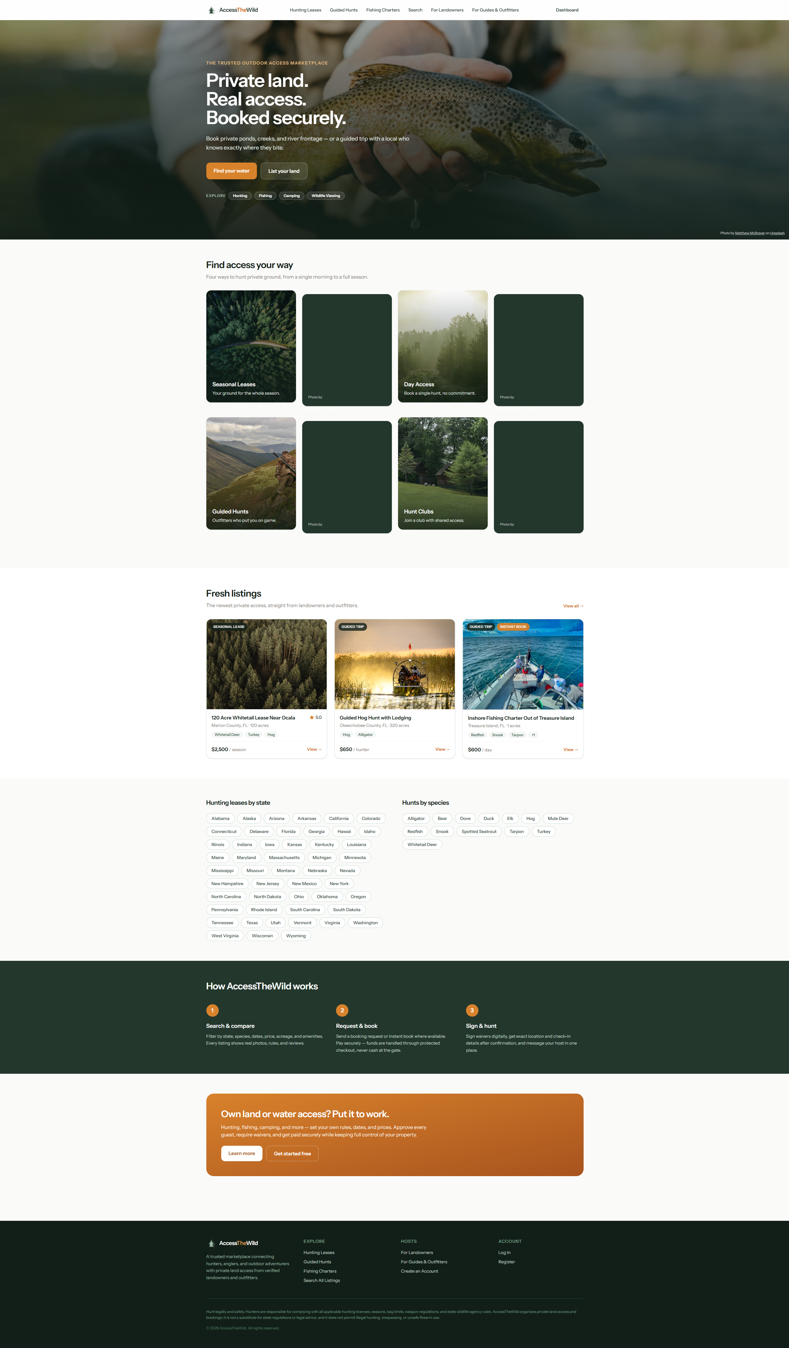 AccessTheWild homepage showing hero search for hunting leases, guided hunts, and private land access.