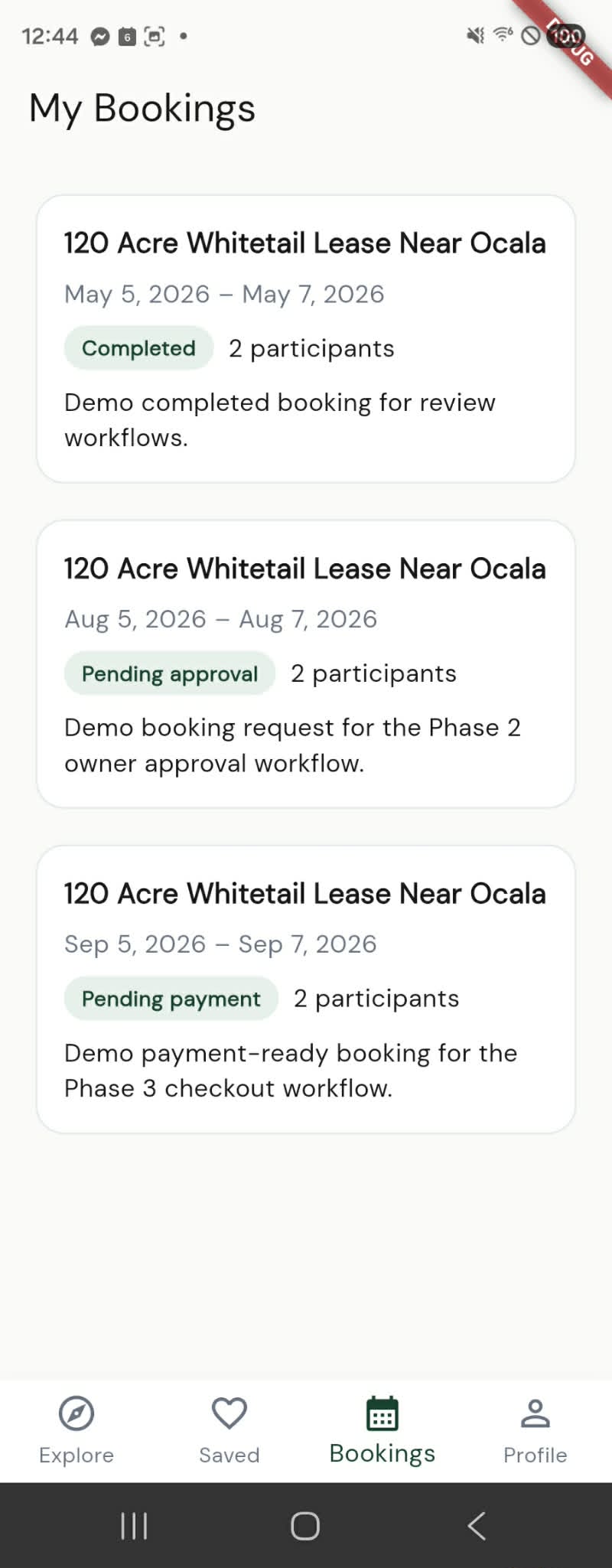 AccessTheWild mobile bookings screen showing upcoming and past trips.
